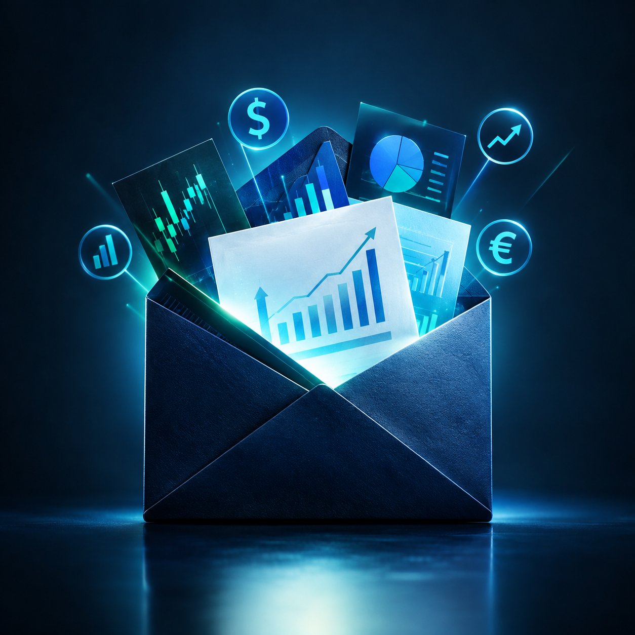 Envelope opening with charts and market icons flying out